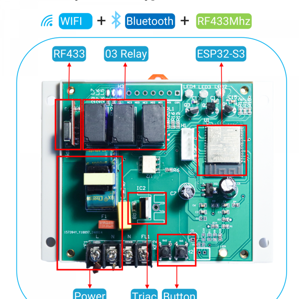 Mạch điều khiển 3 Relay tích hợp RF433, Bluetooth sử dụng ESP32-Wroom-S3